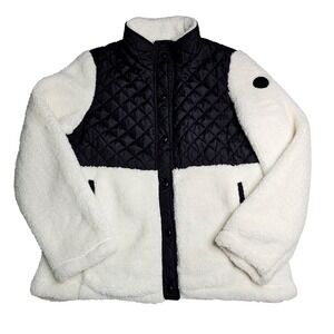 Steve Madden Womens White Sherpa Black Quilted Jacket XL High Pile Fleece Pocket